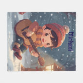 ギターを弾く少年 クリスマス フリースブランケット (正面(横))