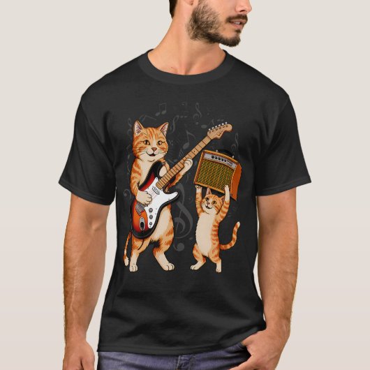 ギターを弾く猫のロック・スター男性と Tシャツ (正面)