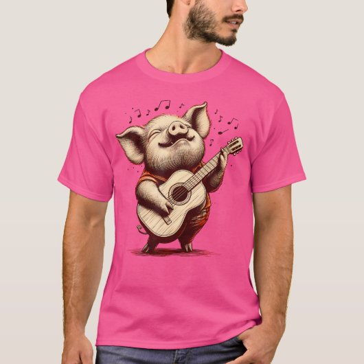 ギターを弾く豚 面白いロック音楽 ギターピッグ Tシャツ (正面)