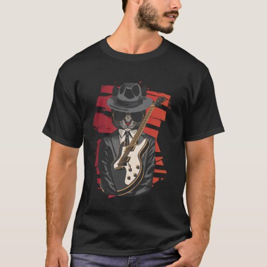 ギターを弾く面白い猫 ブルース音楽好き ギタリスト Tシャツ (正面)