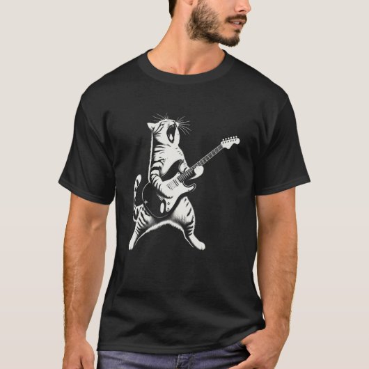 ギターを弾く面白い猫 Tシャツ (正面)