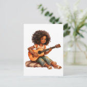 ギターを弾く黒髪の少女の魔法 メラニン豊かな褐色の肌の少女たち ポストカード (スタンド正面)