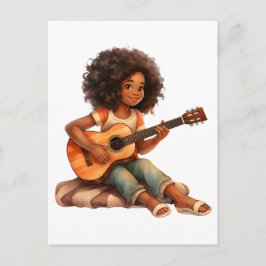 ギターを弾く黒髪の少女の魔法 メラニン豊かな褐色の肌の少女たち ポストカード