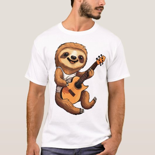 ギターを持ちサンタ帽をかぶったナマケモノ Tシャツ (正面)
