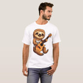 ギターを持ちサンタ帽をかぶったナマケモノ Tシャツ (正面フル)
