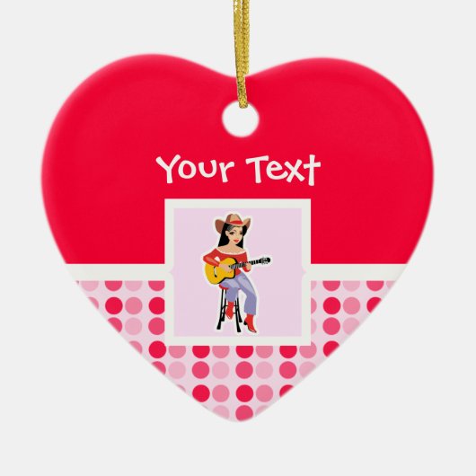 ギターを持つかわいい女性のカーボーイ セラミックオーナメント (正面)