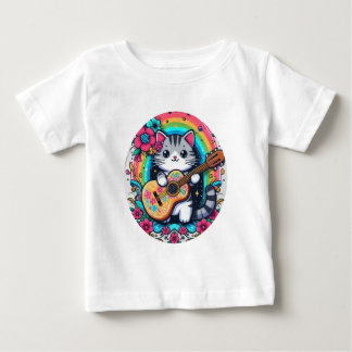 ギターを持つにっこり猫 ベビーTシャツ