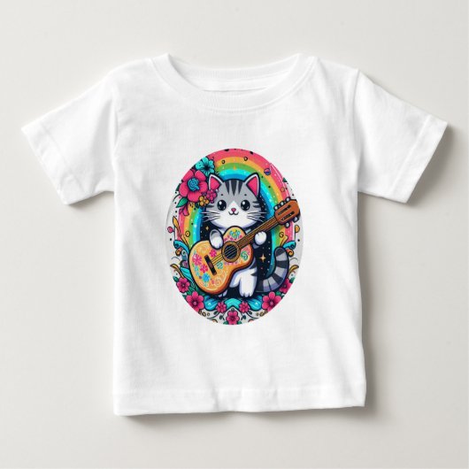 ギターを持つにっこり猫 ベビーTシャツ (正面)