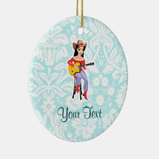 ギターを持つ女性のカーボーイ; かわいい セラミックオーナメント (右)