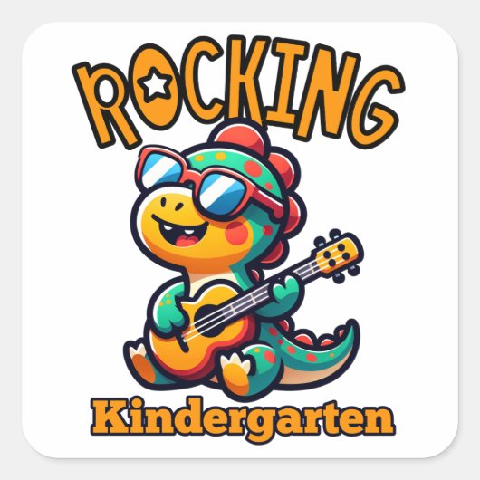 ギターを持つ恐竜の幼稚園ロッキングデザイン スクエアシール (正面)