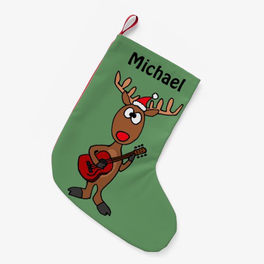 ギターを演奏しているおもしろいなトナカイ スモールクリスマスストッキング (正面 (吊り時))
