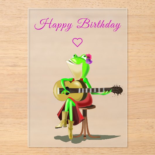 ギターを演奏するカエル おもしろ 誕生日カード アクリル招待状 (正面)
