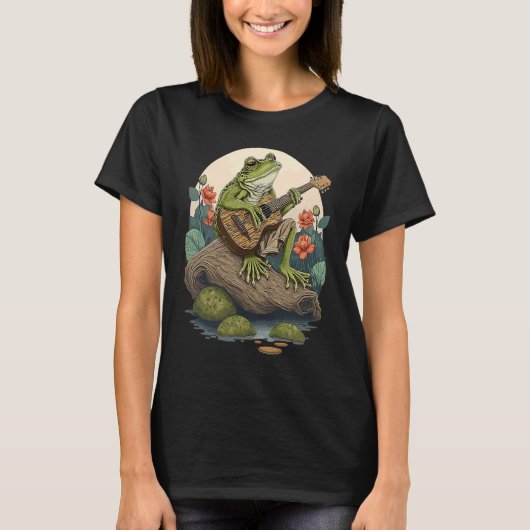ギターを演奏するカエル 丸太の上のバンジョーカエル 美しい F Tシャツ (正面)