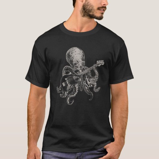ギターを演奏するタコ ギタリスト ミュージシャン ベーシスト Tシャツ (正面)