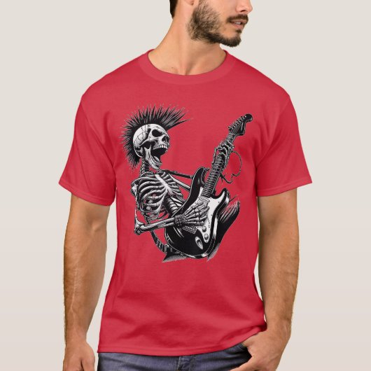 ギターを演奏するロックンロールスケルトン Tシャツ (正面)