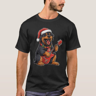 ギターを演奏するロットワイラー犬 サンタハット クリスマス Tシャツ