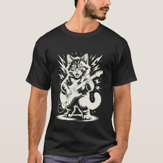 ギターを演奏する猫のロック・スター男性用 Tシャツ (正面)