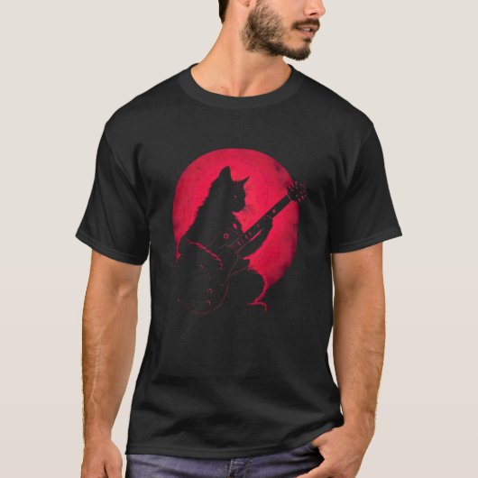 ギターを演奏する猫 ロックな猫 Tシャツ (正面)