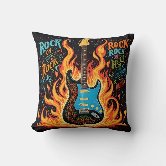 ギターを燃やすとロックミュージックの精神が燃える クッション (正面)