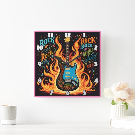 ギターを燃やすとロックミュージックの精神が燃える スクエア壁時計 (ホーム)