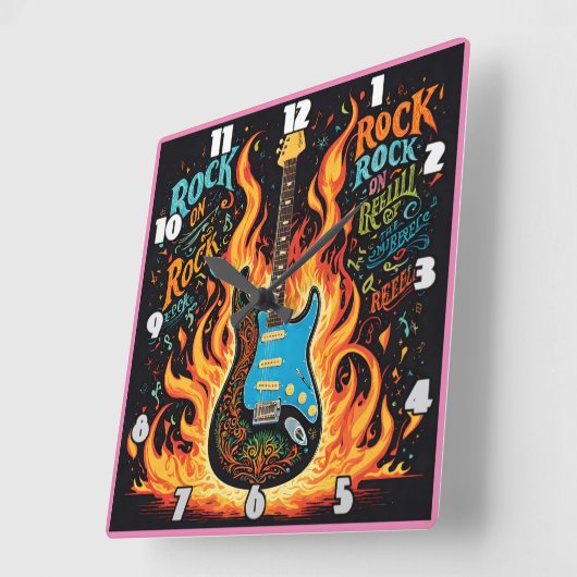 ギターを燃やすとロックミュージックの精神が燃える スクエア壁時計 (傾斜)