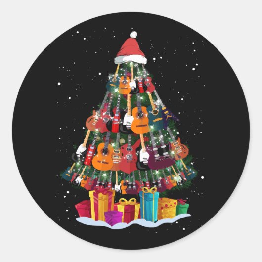 ギタークリスマスツリーおもしろい ラウンドシール (正面)