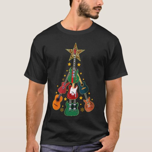 ギタークリスマスツリーのギター愛好家クリスマス Tシャツ (正面)