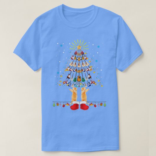 ギタークリスマスツリークリスマス猫好き Tシャツ (デザイン正面)
