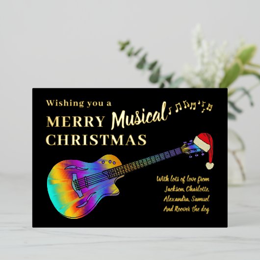 ギタークリスマスパーソナライズされた金ゴールド 箔シーズンカード (立ち正面)