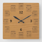 ギターコード時計顔オンウッド スクエア壁時計 (正面)