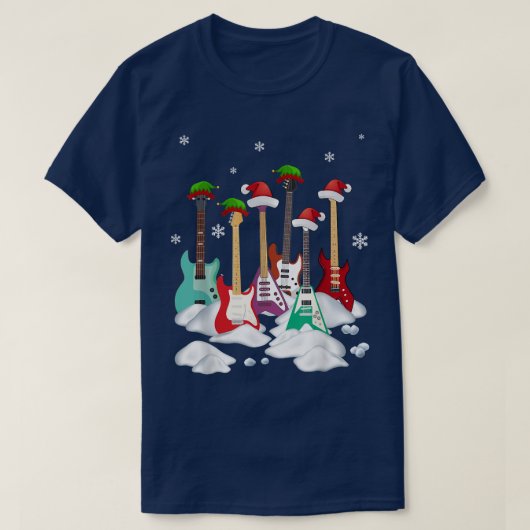 ギターサンタ帽子クリスマスツリー面白い音楽が好き Tシャツ (デザイン正面)