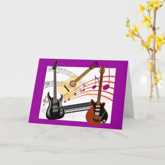 ギタースキクールーボードとミュージックノートの誕生日 カード (黄色い花)