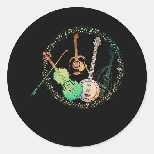 ギターズバンジョスフィドルマンドリンカラフルノードミュージック ラウンドシール (正面)