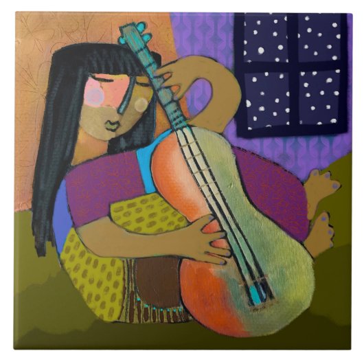 ギターセラムタイル/五徳の女の子（6インチ角） タイル (正面)