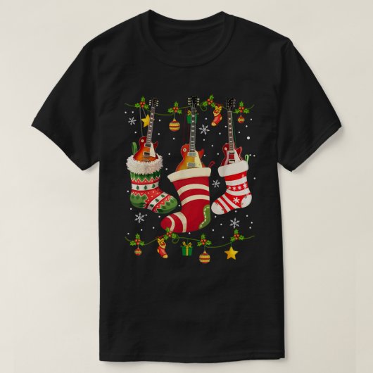ギターソックスクリスマスライトギタリストおもしろいファミリー Tシャツ (デザイン正面)