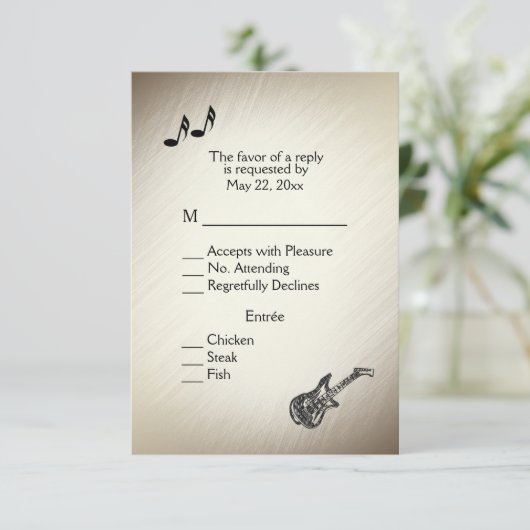 ギターテーマアンティーク金ゴールドRSVP（メニュー選択付き） 出欠カード (スタンド正面)