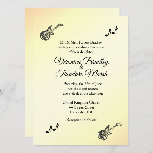 ギターテーマイエロー結婚式招待状 招待状 (正面/裏面)
