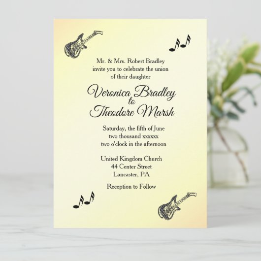 ギターテーマイエロー結婚式招待状 招待状 (スタンド正面)