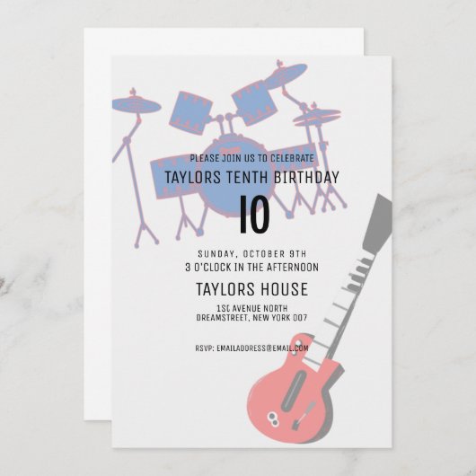 ギタードラムンアンプ音楽バースデーパーティー 招待状 (正面/裏面)