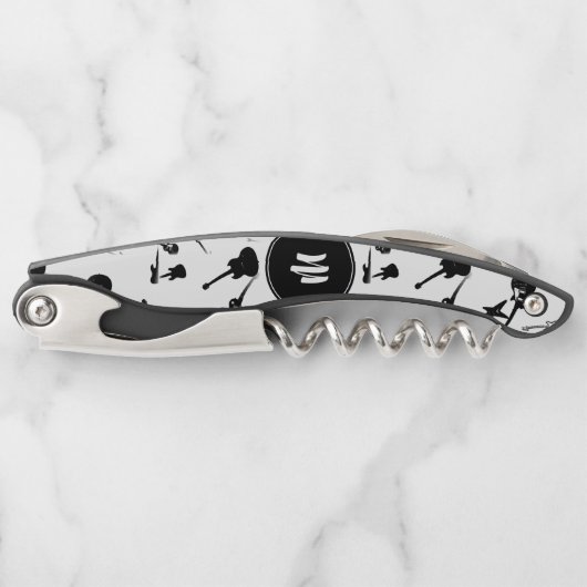 ギターバスジャズロックホワイトブラックモノグラムコルク ソムリエナイフ (正面)