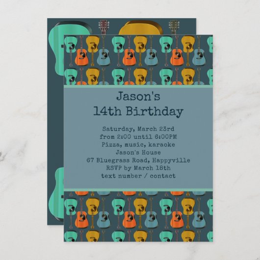 ギターバースデーパーティー10代のボーイ招待状 招待状 (正面/裏面)