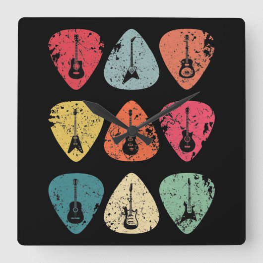 ギターピックレトロヴィンテージ スクエア壁時計 (正面)