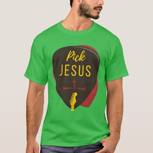 ギターピック イエス キリスト教音楽 ギタリスト 牧師 Tシャツ (正面)