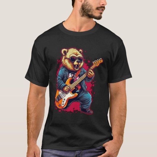 ギタープレおもしろいーヤー遊ベアーのギター音楽ギット Tシャツ (正面)