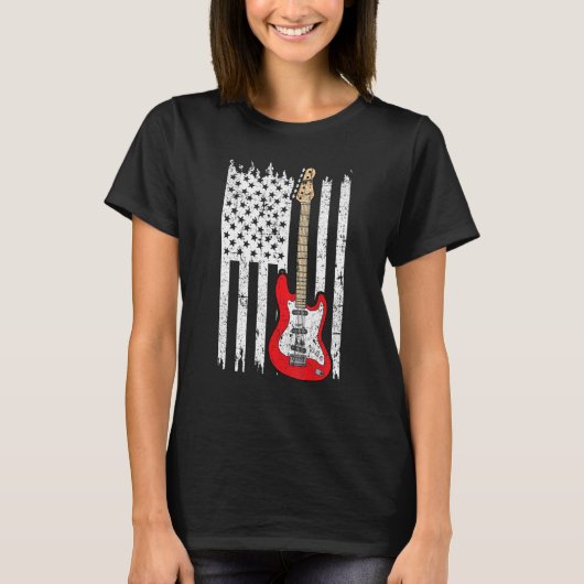 ギタープレーヤーティー電気ギター米国国旗 Tシャツ (正面)