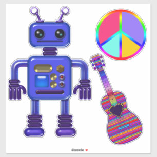 ギタープレーヤーブルーロボットとピースサイン シール