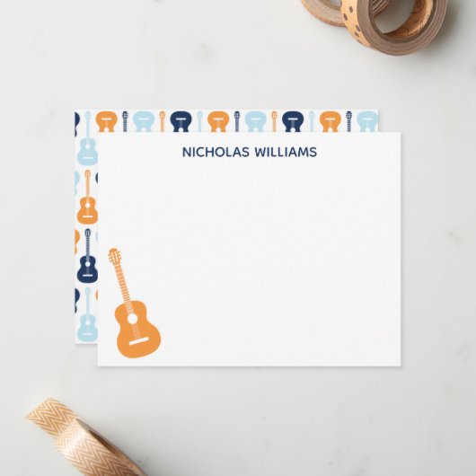 ギターミュージカルノートカードブルーとオレンジ ノートカード (正面/裏面インサイチュ)
