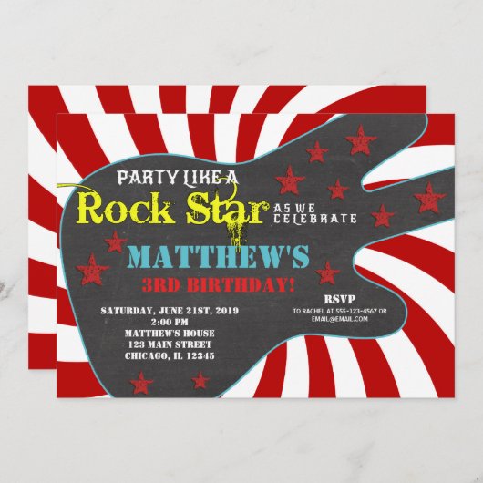 ギターロックスターの誕生日 招待状 (正面/裏面)