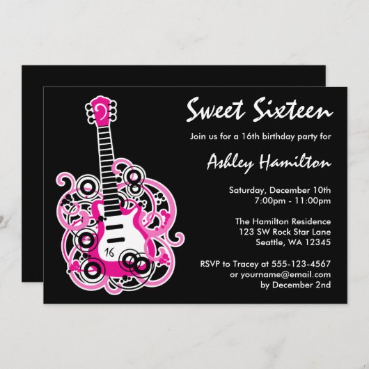 ギターロックスタースウィート16誕生日パーティーホットピンク 招待状 (正面/裏面)