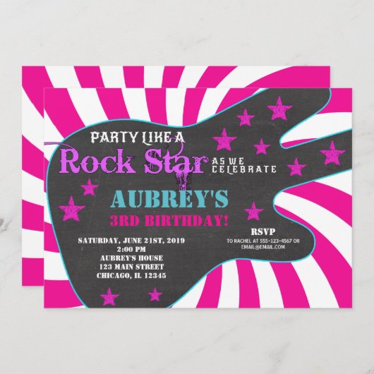 ギターロックスターピンクの黒い女の子の誕生日 招待状 (正面/裏面)
